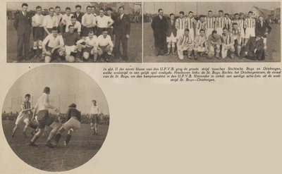 874801 Collage van 2 foto's betreffende de voetbalwedstrijd tussen Stichtsche Boys (Utrecht) en Driebergen in de 1e ...